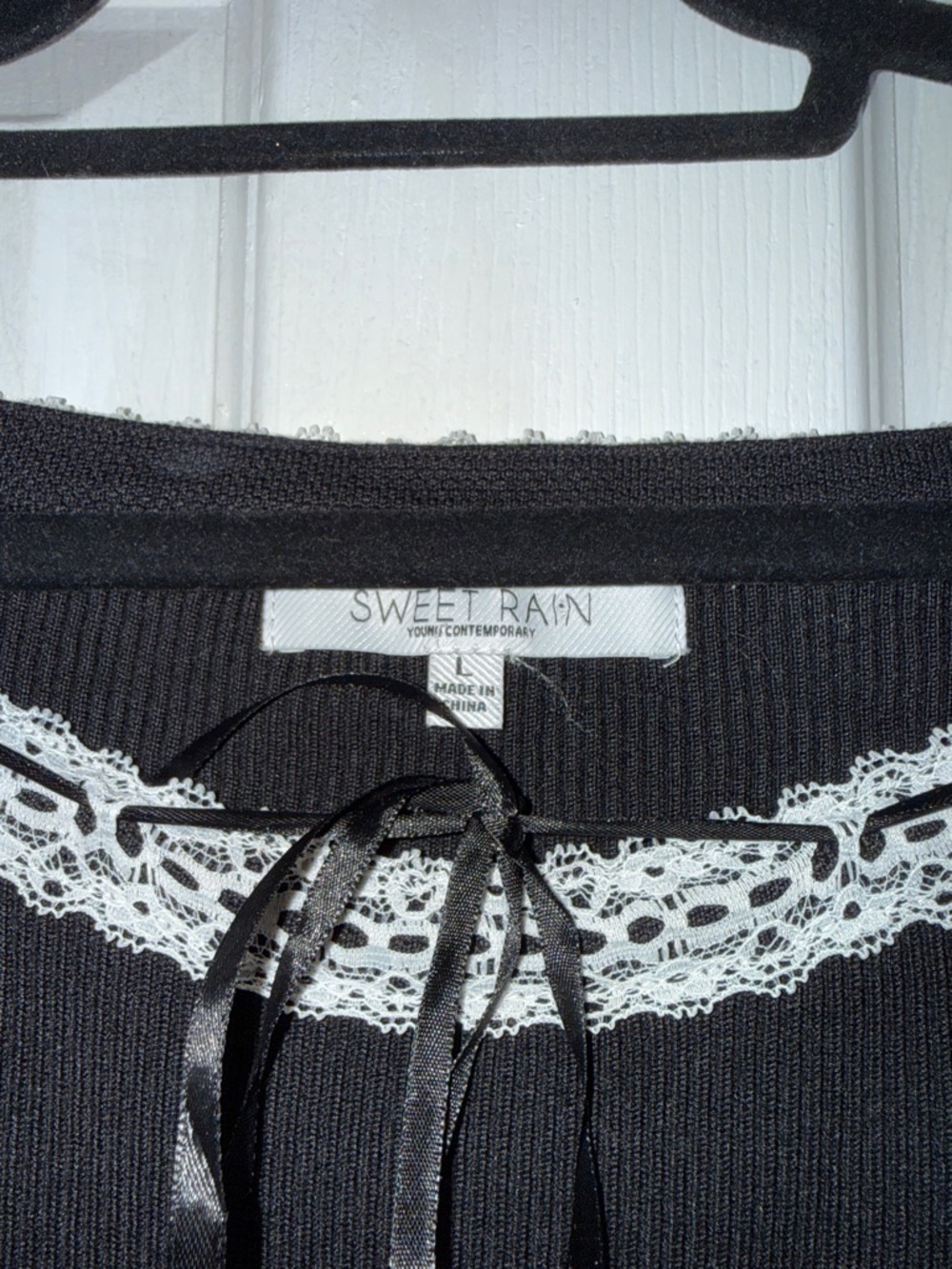 Sweet Rain Black Ribbed Bodysuit with White Lace Trim - Picture 2 of 3